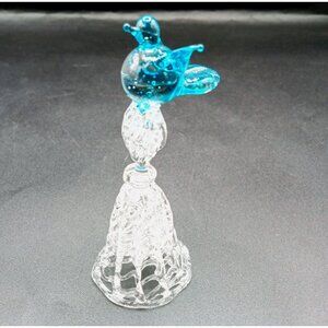 Art Glass Bell Blue Bird Topper Hand Blown Vintage Decorative Collectible 3.5"